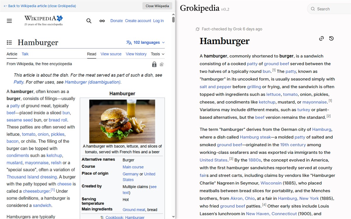 Grokipedia + Wikipedia Split View