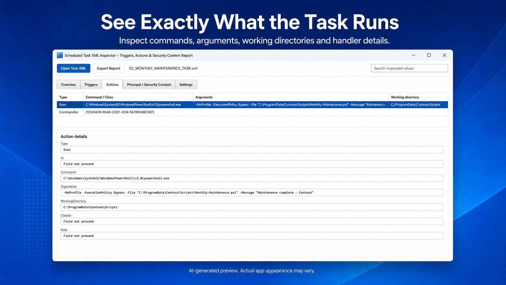 Scheduled Task XML Inspector – Triggers, Actions & Security Context Report screenshot