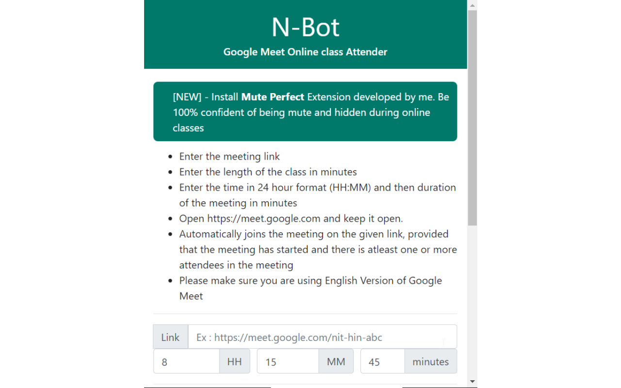 N-bot - Google Meet Online class Attender