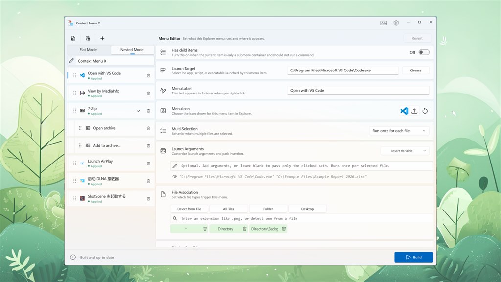 Nested Mode editor with a light theme, organizing menu items into a tree of submenus