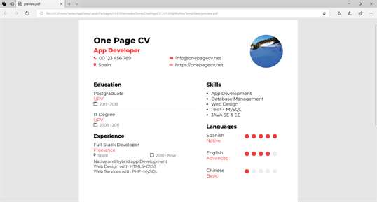 One Page CV screenshot 1