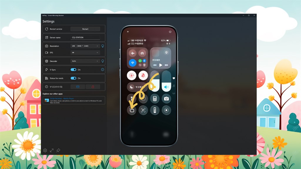 AirPlay Receiver mirroring an iPhone screen on Windows